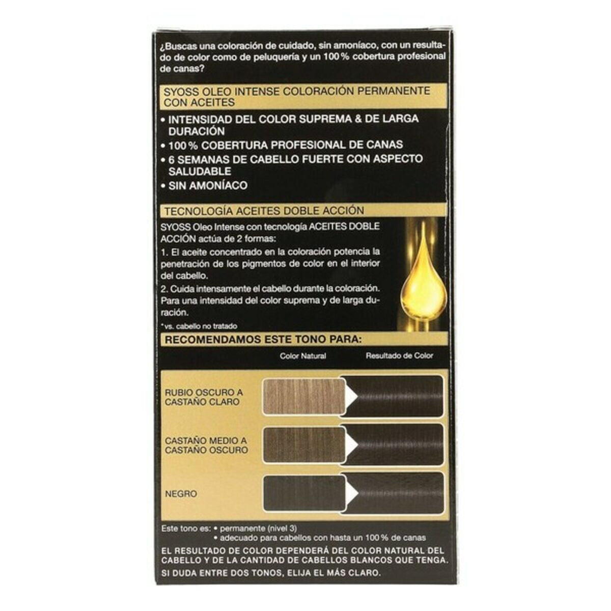 Tinta Permanente Syoss Olio Intense Sem amoníaco Nº 1,10 Preto Intenso | Acexarme. Mais modelos Beleza, Cuidado do cabelo disponíveis.