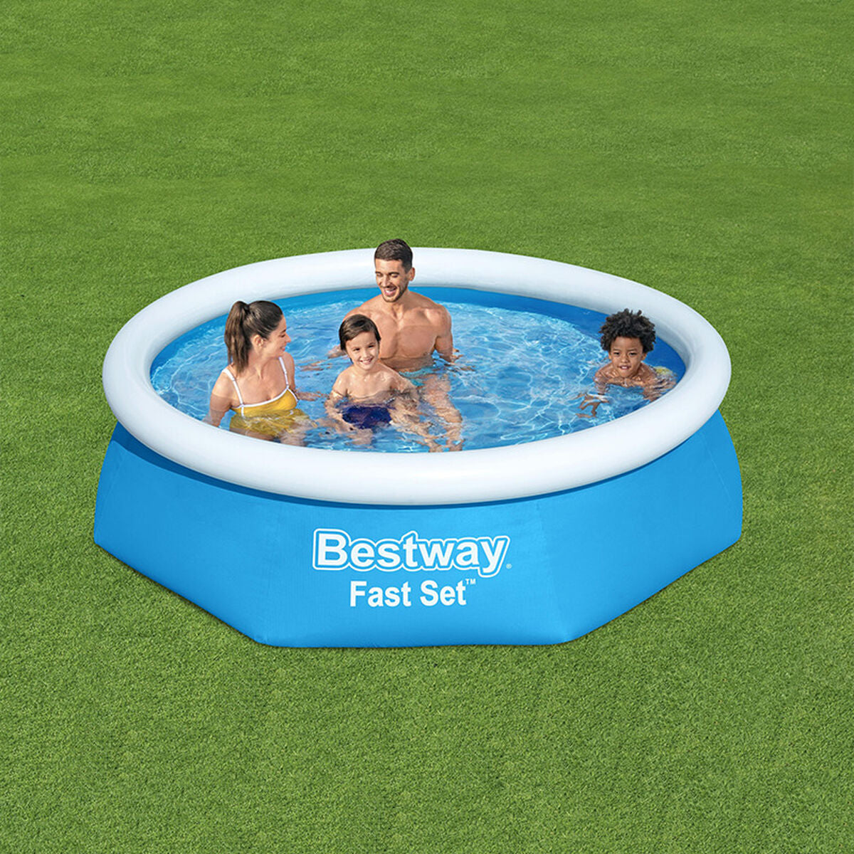 Piscina inflável azul com encosto e suporte para bebidas em oferta de piscinas online