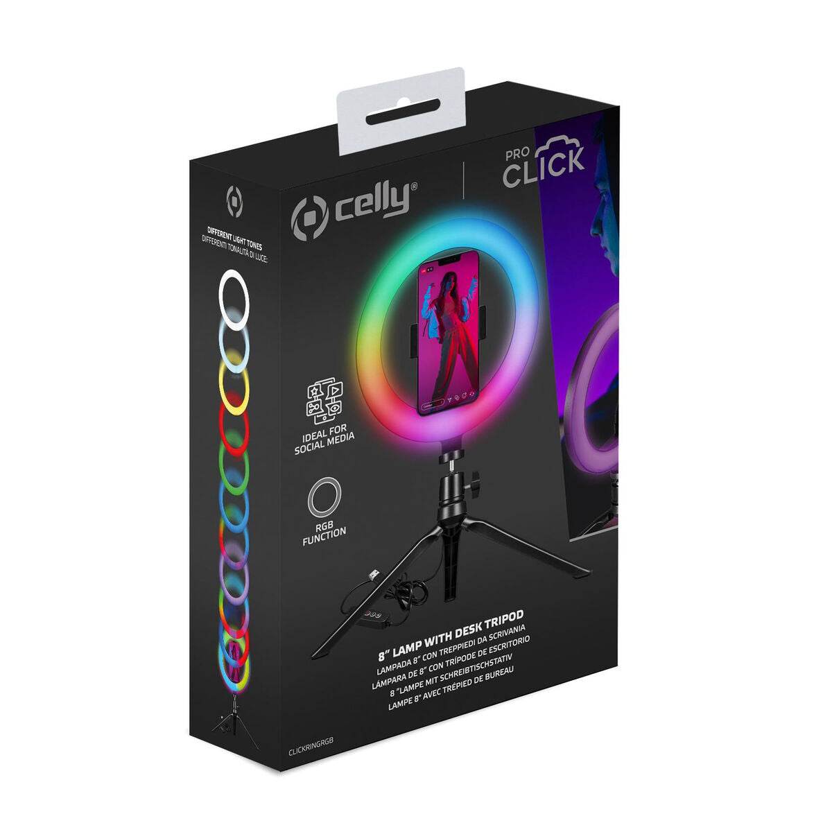 Aro de Luz Selfie com Tripé e Controlo Remoto Celly CLICKRINGRGBBK | Acexarme