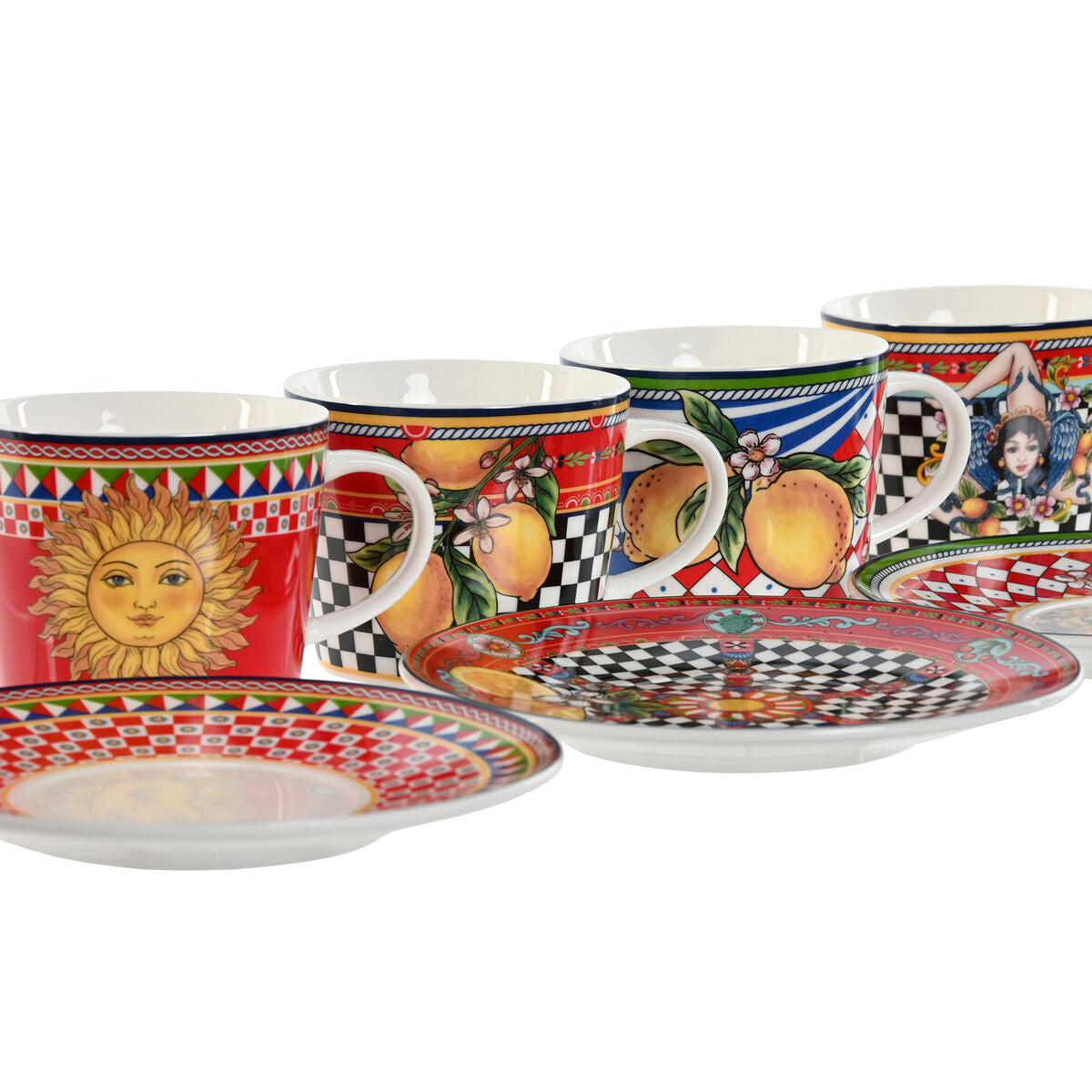 Conjunto de Chávenas com Pratos Home ESPRIT Amarelo Vermelho Porcelana 220 ml 15,6 x 15,6 x 1,7 cm (4 Unidades) | Acexarme. Mais modelos Casa e cozinha, Talheres, louça e cristaleira disponíveis.