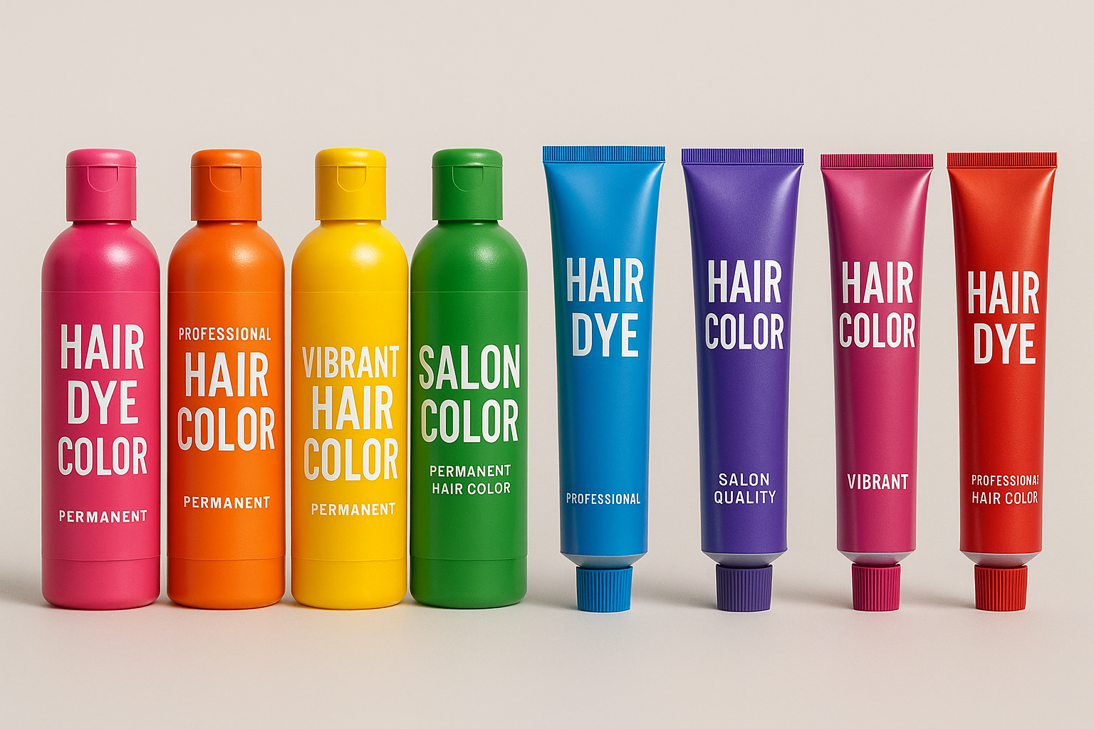 Tintas de cabelo profissionais com várias cores em frascos e tubos